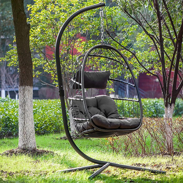 Brafab Swing Egg Chair,Hammock Chair, Hanging Chair, Aluminum Frame and UV Resistant Cushion with Steel Stand, Indoor Outdoor Patio Porch Lounge Bedroom Hand Made Wicker Rattan Chair, 350LBS Capacity