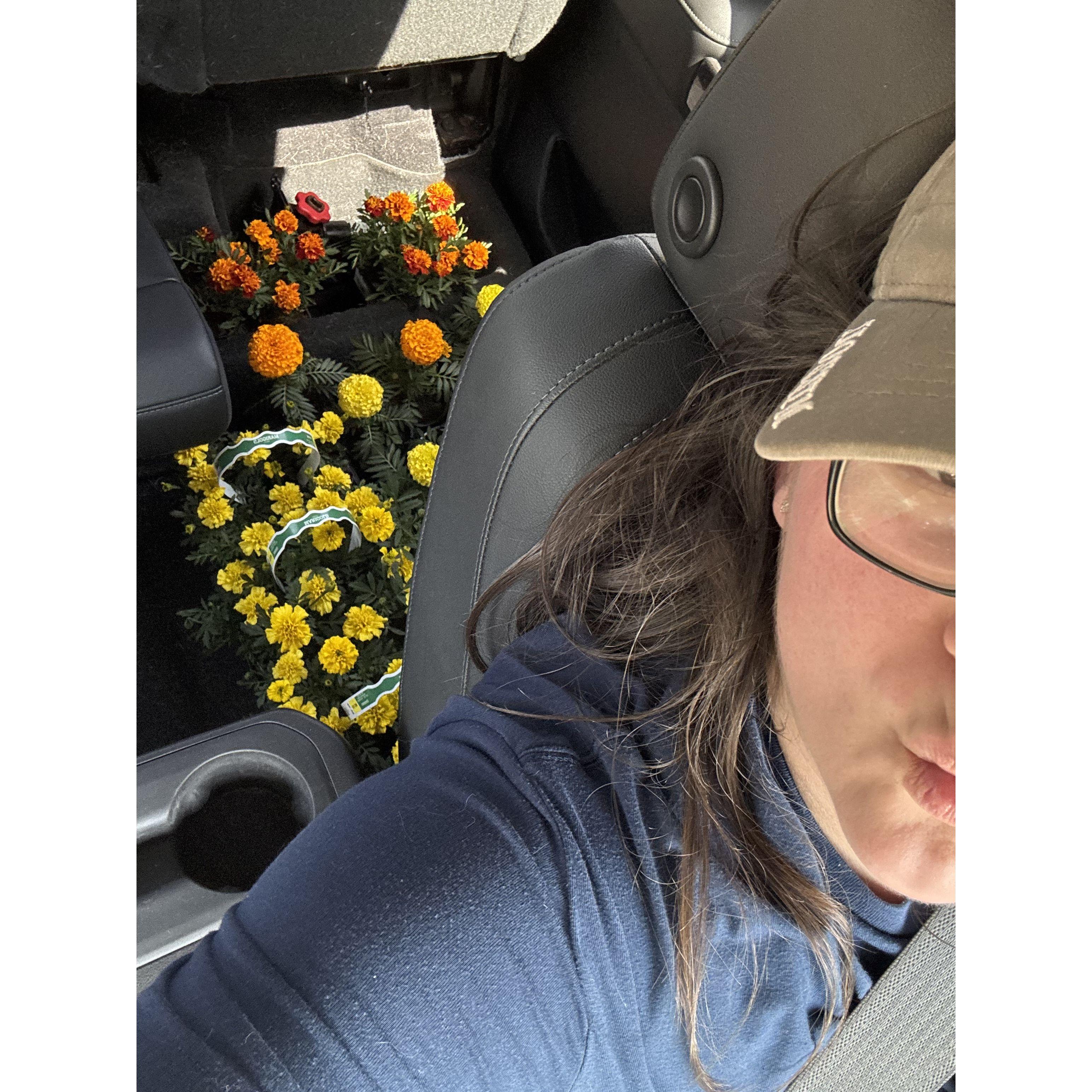 I promised Kelly when we started dating that she would always have flowers. I planted orange and yellow marigolds in my garden this Spring, her favorite colors <3 -Carissa