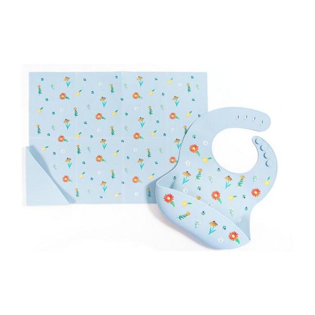Silicone Bib Foldable Placemat Set Wildflower Chambray Blue