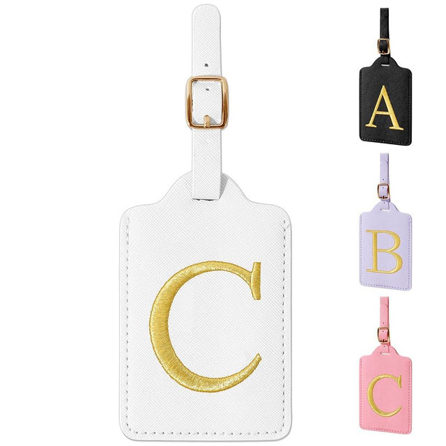 Personalized Initial Luggage Tags for Suitcase TSA Approved, White Leather Cute Luggage Tag with Privacy Cover Name Card, Embroidered Custom Luggage Tags Travel Baggage Tags Gifts for Women Kids(C)