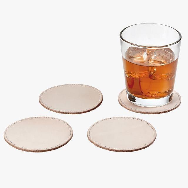 Vachetta Handcrafted Leather Round Coasters, Set of 4 - Natural