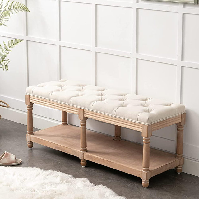 Bonzy Home Tufted Storage Bench, 47” French Vintage Bedroom Benches Upholstered Dining Benches, Fabric Fabric End of Bed Bench for Bedroom Dining Room Living Room Entryway, Beige