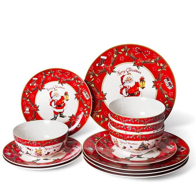 Xiteliy Porcelain Dinnerware Sets Christmas Gecorations Gift Theme Ceramic Plates Bowls12 Piece Dinner Service Sets (12, Dark red)