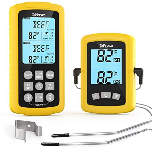 Wireless Meat Thermometer,Yepexwo Digital Waterproof Instant Read Food Cooking Remote Meat Thermometer for Grilling, with Dual Probes and Storage Bag and 328 FT Range for Smoker, Grill, Oven, BBQ