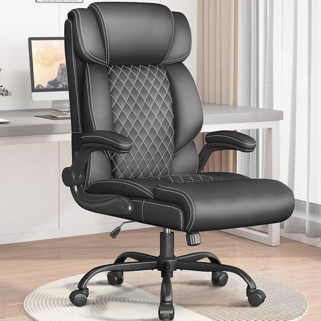 Office Chair-Executive High Back Breathable Comfy Desk Chair with Flip-up Armrests Lumbar Support-Ergonomic Leather Rolling Swivel Chair with Rock Function for Working Studying Gaming