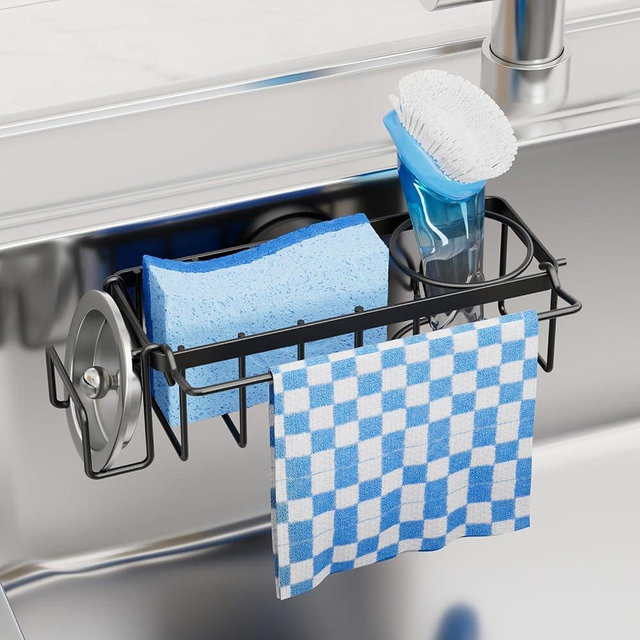 TAILI 4-in-1 Sink Caddy with Strong Suction Cup, Sponge Holder for Kitchen Sink Organizer, Removable, Rustproof, Stainless Steel Holder for Sponge, Brush, Scrubber, Scraper - Black