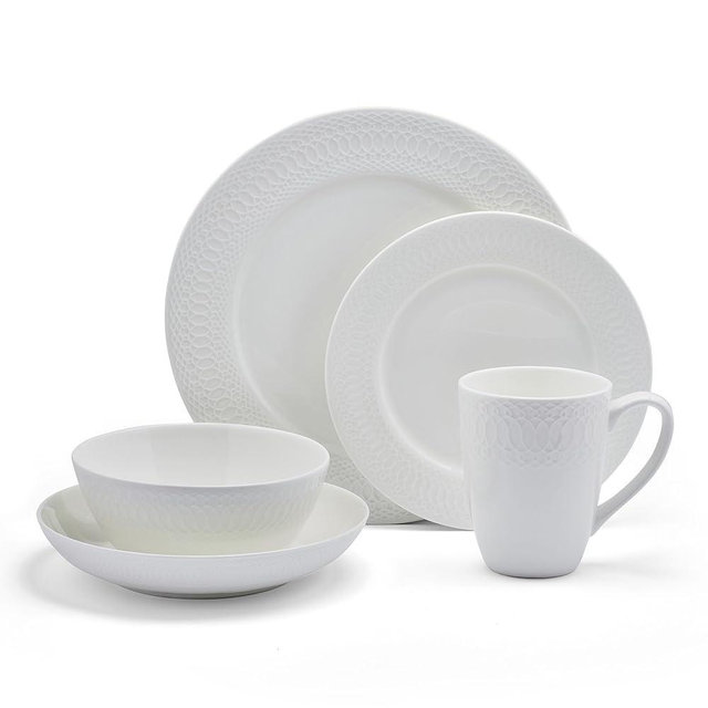 Mikasa Levi 40 Piece Bone China Dinnerware Set, Embossed Plates Bowls, Chip-Resistant, Lightweight, Elegant and Durable, Service for 8, White