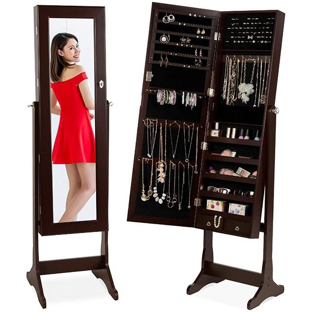 Best Choice Products Standing Mirror Armoire, Lockable Jewelry Storage Organizer Cabinet w/Velvet Interior, 3 Angle Adjustments - Brown
