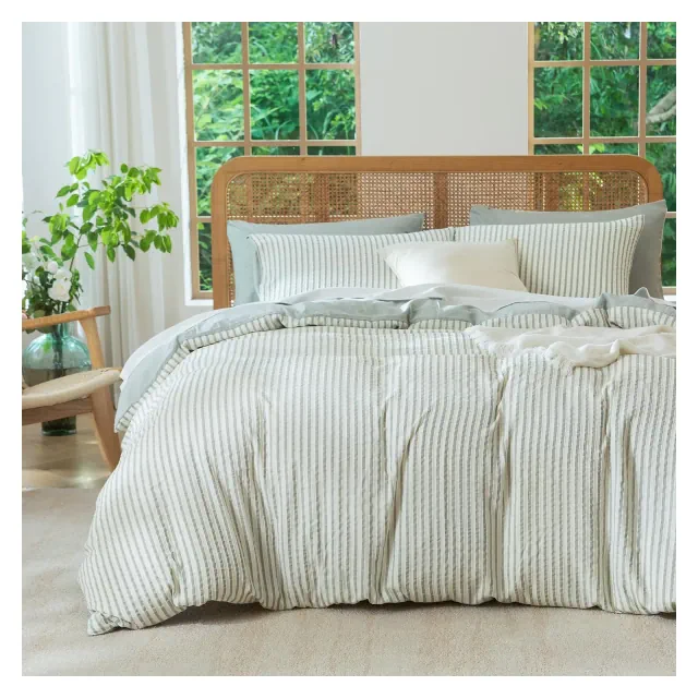 BALHAM TRADE-Dark Grey 3 Pieces Queen Striped Comforter Set, Soft Luxury Washed Bedding Set Grayish Green Queen 90"x90"