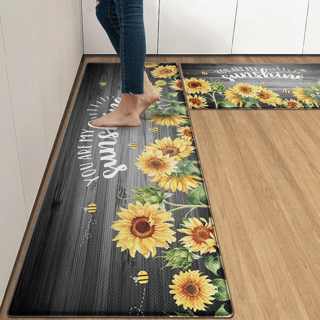 Arttown Sunflower Anti-Fatigue Kitchen Rug Set of 2 Yellow Black Grey Wooden Cushioned Floor Standing Mat Waterproof Non-Slip Mat and PVC Ergonomic Comfort Foam Rug