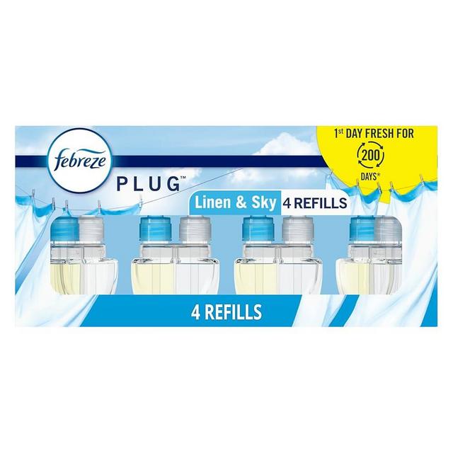 Febreze Plug In Air Freshener, Odor-Fighting Scented Oil Refill, Linen & Sky Scent, 4 Refills