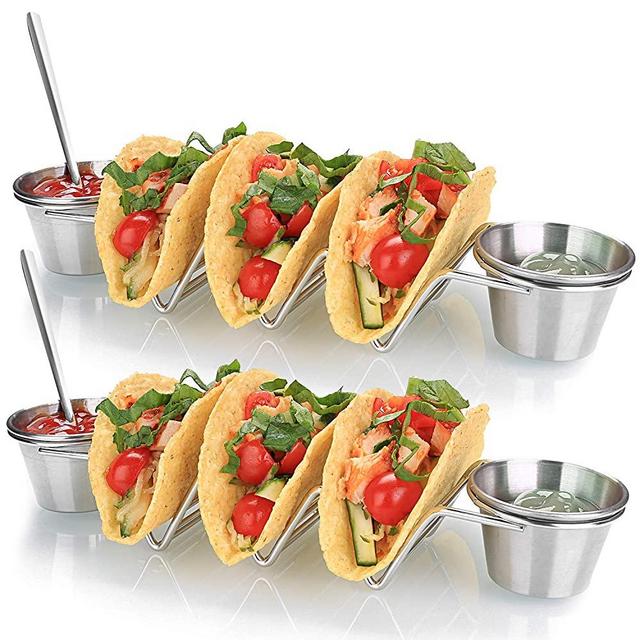 VAVAY 2 Pack-Upgrade Taco Shell Stand Up Holders-2 Pack Premium Stainless Steel Taco Holder, Tortilla Rack, 4 Salad Cups & 2 Spoons,Holds 3 Tacos Each Keeping Shells Upright & Neat.