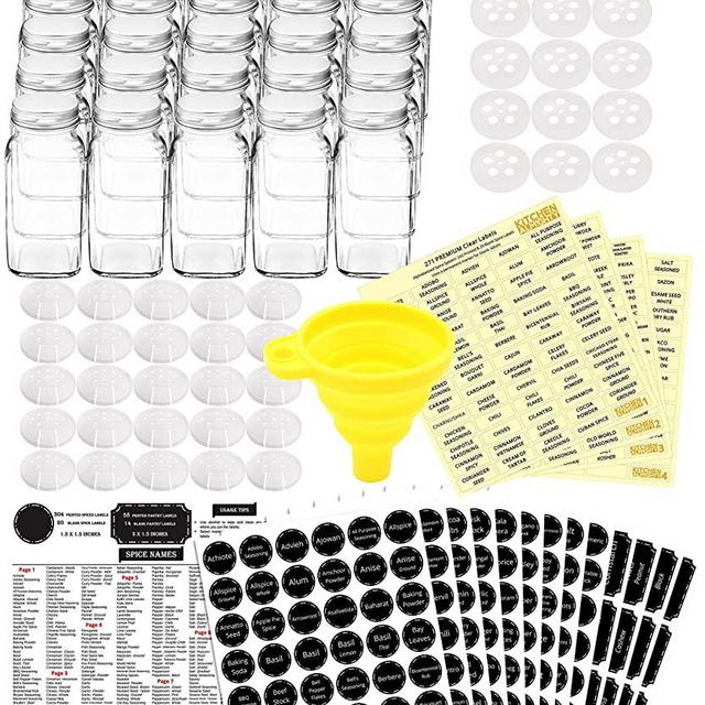 25 Glass Spice Jars Complete Set: 667 Chalkboard & Clear Printed Spice & Pantry Labels - 6 fl Oz Empty Square Bottles w/ Pour/Sift & Coarse Shakers & Airtight Cap - Silicone Funnel by KITCHEN ALMIGHTY
