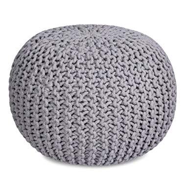 BIRDROCK HOME Round Pouf Foot Stool Ottoman - Knit Bean Bag Floor Chair - Cotton Braided Cord - Great for The Living Room, Bedroom and Kids Room - Small Furniture (Light Grey)