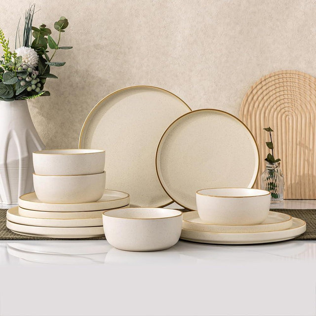 AmorArc Stoneware Dinnerware, Reactive Ceramic Plates and Bowls Set, Highly Chip and Crack Resistant | Dishwasher & Microwave Safe | Round Dishes Set Service for 4 (12pc)