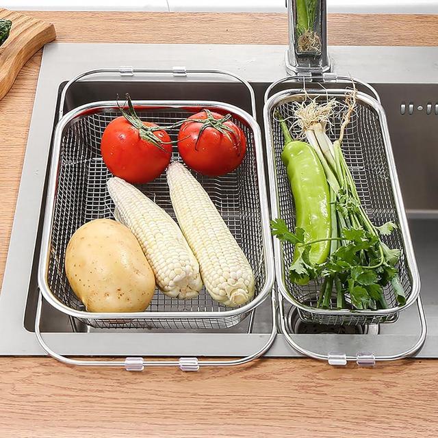 2 PCS Over the Sink Colander Strainer Basket Stainless Steel Fine Mesh with Expandable Anti-Slip Handles, Strain, Drain, Rinse Fruits, Vegetables, Expandable Home Kitchen Essentials (2Pcs A+C)