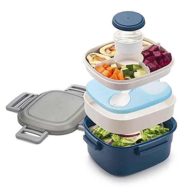 Freshmage Salad Container for Lunch with Ice Pack, Leakproof BPA-Free 52-oz Lunch Container with 4 Compartments, Salad Lunch Container for Men, Women (Blue+Ice Pack)