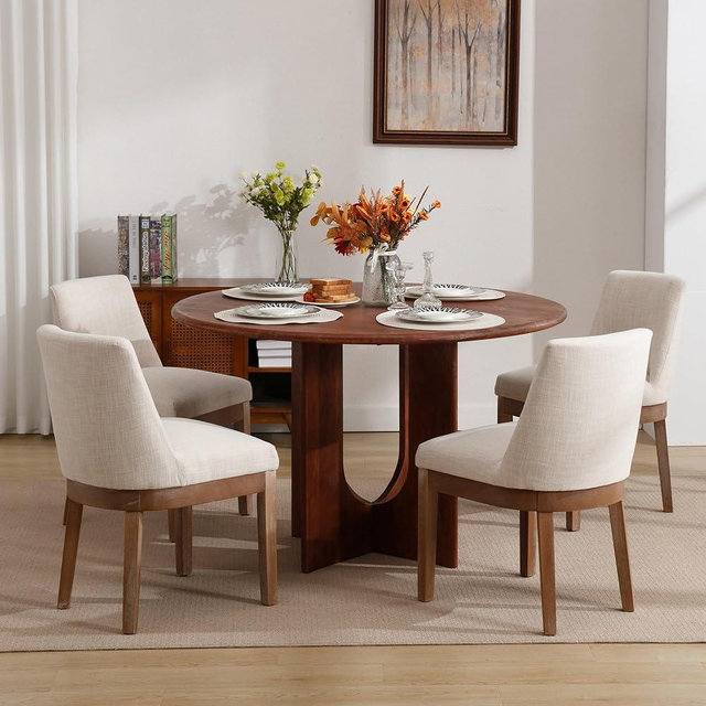 BESTANO Modern Dining Chairs with Wood Legs Set of 4, Farmhouse Linen Fabric Upholstered Dining Room Chairs Armless Kitchen Side Chairs with Back, Beige