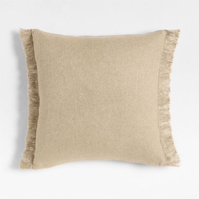 Casual Textured Fringe 23x23 Flax Taupe Throw Pillow with Feather Insert