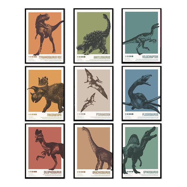 Dinosaur Poster T-Rex Print For Kids Decor Vintage Dinosaur Canvas Wall Art For Modern Family Decor (8×12 inch,Set of 9, Unframed)
