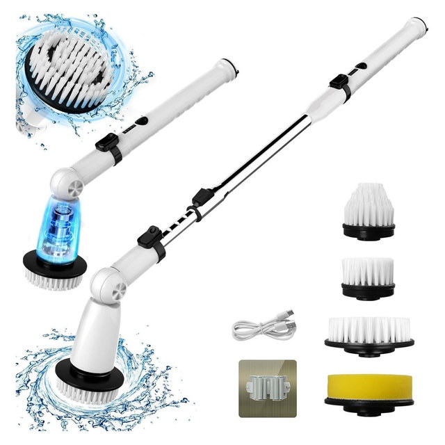 Swtroom Electric Spin Scrubber with 4 Brush Heads – Extendable Handle USB-C Rechargeable – for Bathroom Shower & Tile Cleaning