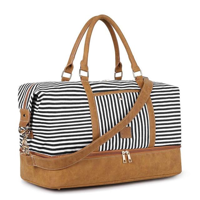 Plambag Canvas Duffel Weekender Bag with Shoe Compartment 42L Overnight Travel Tote Bag(Black Stripe)