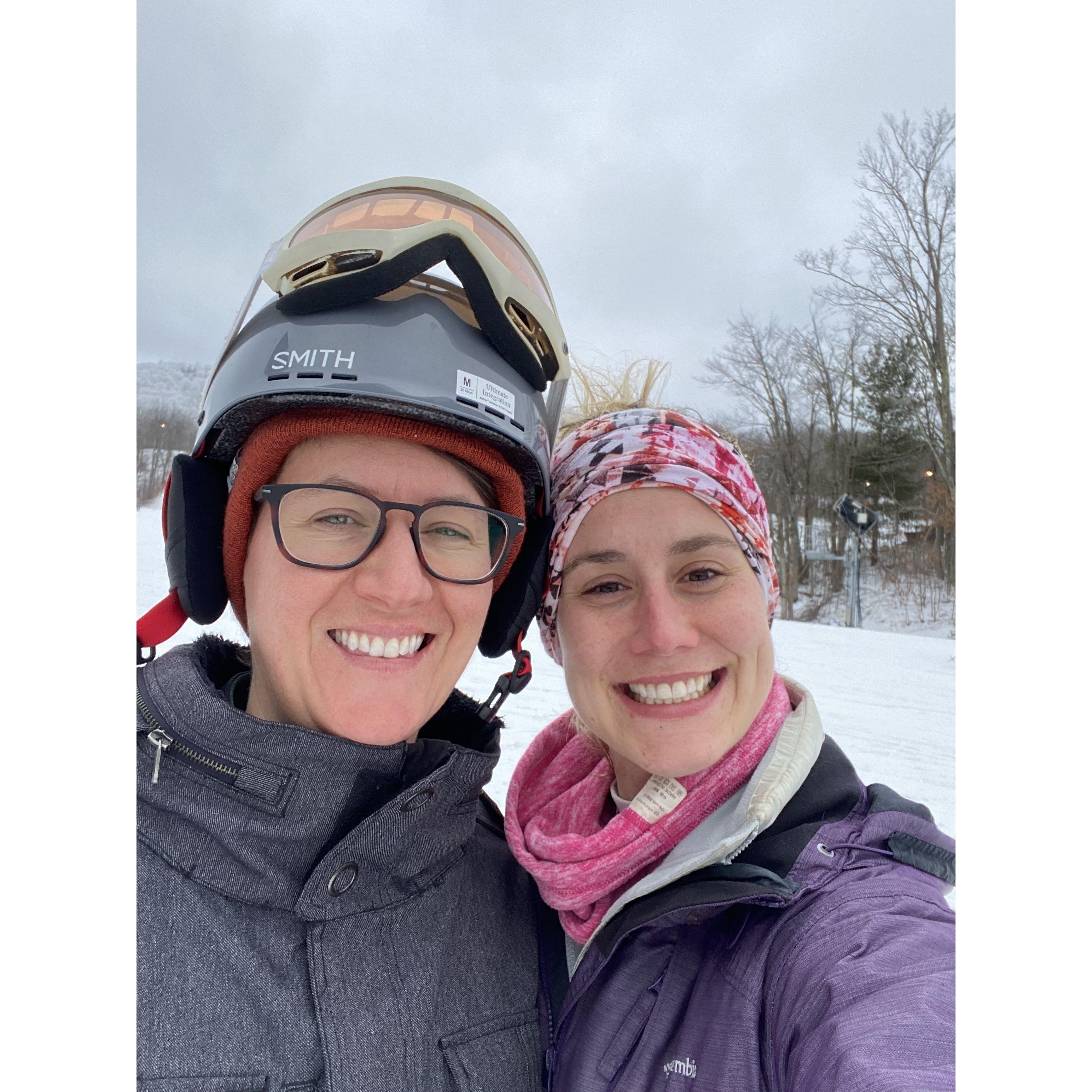 Karen is learning to ski so she can hit the black diamonds with Molly.