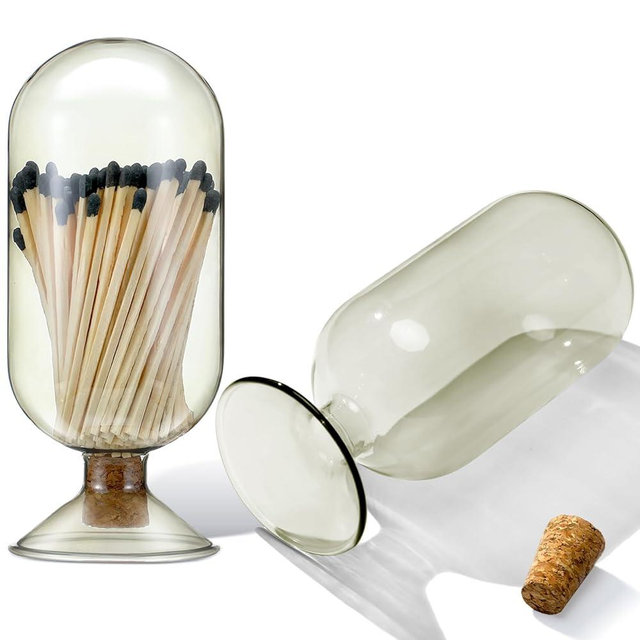 Teenyyou Glass Matches Holder Matches Cloche Decorative Matches Jar Smoke Grey Glass Matches Cloche for 4 Inch Matches Trendy Fireplace Display Decor, Not Include Matches (2.95 x 7 Inch)