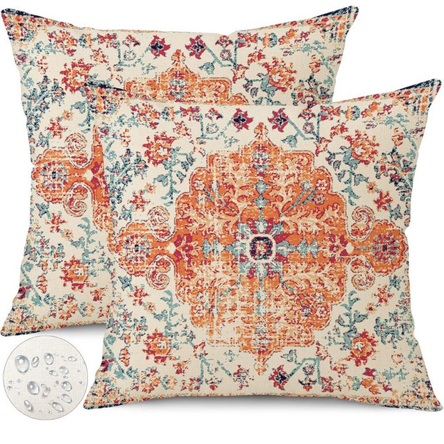 Gujiahone Outdoor Waterproof Pillow Covers 18X18 Inch Set of 2 - Bohemian Vintage Carpet Pattern Orange Blue Ethnic Design Decorative Farmhouse for Couch Garden Balcony