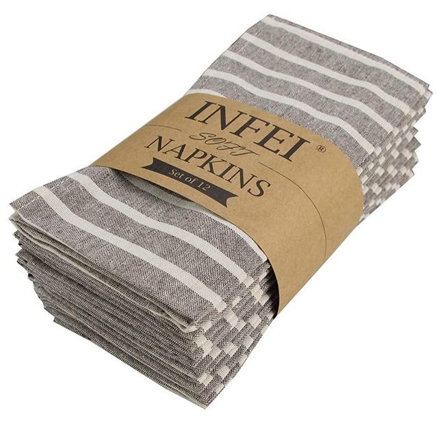 INFEI Broad Striped Cotton Blended Dinner Cloth Napkins - Set of 12 (40 x 30 cm) - for Events & Home Use (Brown)