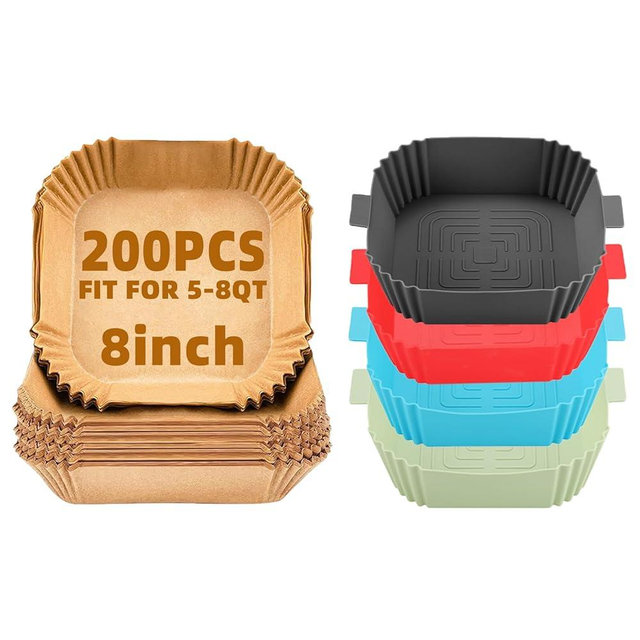 200Pcs 8inch Air Fryer Liners Disposable for 5-8QT Air Fryer and 4Pcs 7.5in Air Fryer Silicone Liners for 3 to 6 Qt,Food Safe Non-Stick Air Fryer Liners Square Free of Bleach,Air Fryer Paper Liners