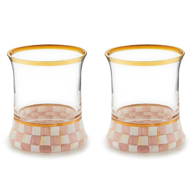 MACKENZIE-CHILDS Tumbler Glasses, Elegant Drinkware, Glasses with Gold Rim, 8 Ounces, Set of 2, Pink-and-White Rosy Check
