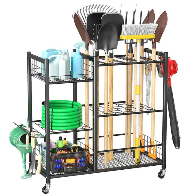WALMANN Large Garden Tool Organizer with Wheels for Garage, Rakes/Shovels/Yard Tools Storage Stand for Yard, Garden, Indoor/Outdoor Long-Handled Tools Rolling Cart(Tool stand with shelves)