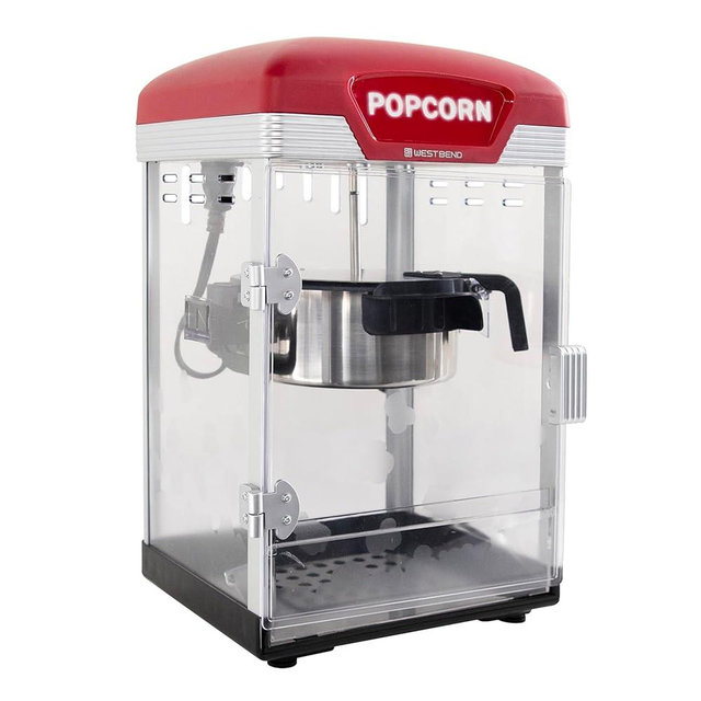 West Bend Stir Crazy Movie Theater Popcorn Popper, Popcorn Maker Machine with Nonstick Popcorn Kettle, Measuring Tool and Popcorn Scoop for Popcorn Machine, 4 Qt., Red