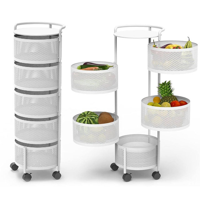 JAQ Rotating Fruit Basket, 5-Tier Metal Sturdy Kitchen Storage Rack Shelf Carts No Assembly on Rolling Wheels for Fruit Vegetable Grocery Corns Potato Onion (White, 5-Tier)