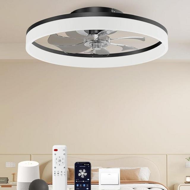AQUBT Smart Ceiling Fans with Light and Remote,20'' Low Profile Ceiling Fan with 6-Speed & Dimmable LED, Alexa/APP Home Voice Control, App, Reversible Airflow, App Timer, for Bedroom（Black）
