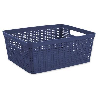 Medium Plastic Wicker Storage Basket in Peacoat