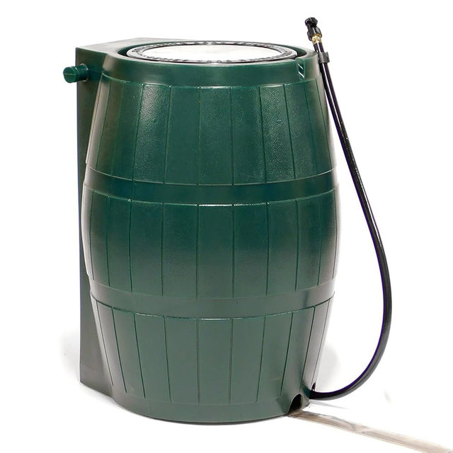 FCMP Outdoor Raincatcher, Flat-Back Rain Barrel with Spigots, 50 Gallon, Green