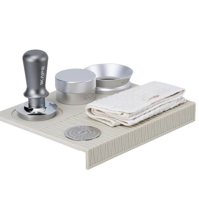 IKAPE 51MM Espresso Tamper Kit Silver 6 IN 1, Coffee Tamper Set with Tamper, Distributor, Magnetic Funnel, Silicone Mat, Puck Screen, and Cleaning Towel