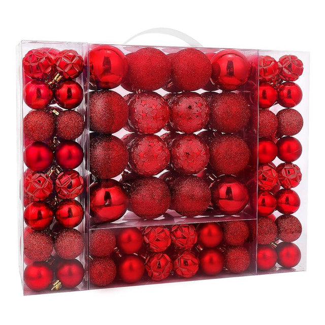 ISULIFE 87ct Christmas Ball Ornaments Set Shatterproof Seasonal Hanging Decorations with Reusable Hand-held Gift Package for Xmas Tree Holiday Party and Home Decor, Red