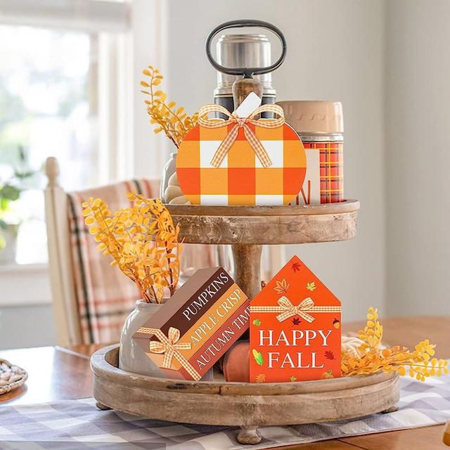 5 Pcs Fall Wooden Decor - 3 Pcs Faux Decorative Book Stack & 2 Pcs Pumpkin Happy Fall Decorations Wooden Signs, Fall Tiered Tray Decor for Farmhouse Autumn Harvest Thanksgiving Decorations