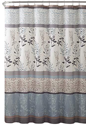 Serafina Home Light Blue Beige Grey Fabric Shower Curtain for Bathroom: Contemporary Floral Bordered Damask Design