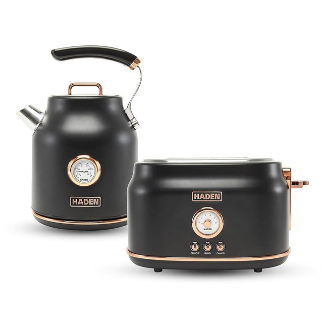 Haden Dorset 1.7 Liter Stainless Steel Electric Kettle with 360-Degree Base Bundled with 2 Slice Wide Slot Stainless Steel Toaster, Black & Copper