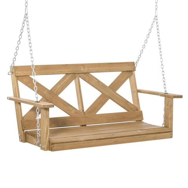 Outsunny 2 Person Porch Swing, Patio Swing, Outdoor Swing Bench with Pine Wood Frame and Hanging Chains for Garden and Yard, Natural