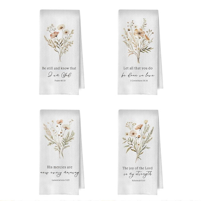 XIVENHAVM Floral Christian Kitchen Towels Set - Bible Verse Decorative Waffle Dish Towels, Christian Religious Gifts Hand Towel, Scripture Gifts Tea Towel, 16x24 Inch Set of 4