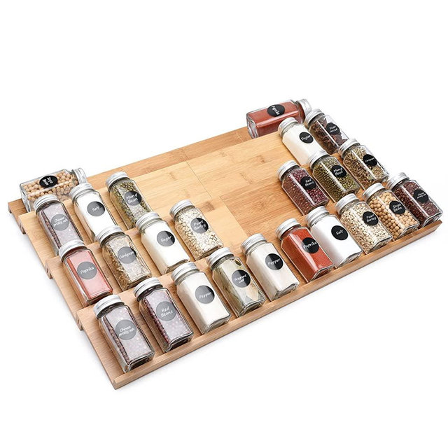 Spice Rack Tray Bamboo Drawer Organizer for Kitchen,Adjustable Expandable Spice Rack Tray Insert 4 Tiers