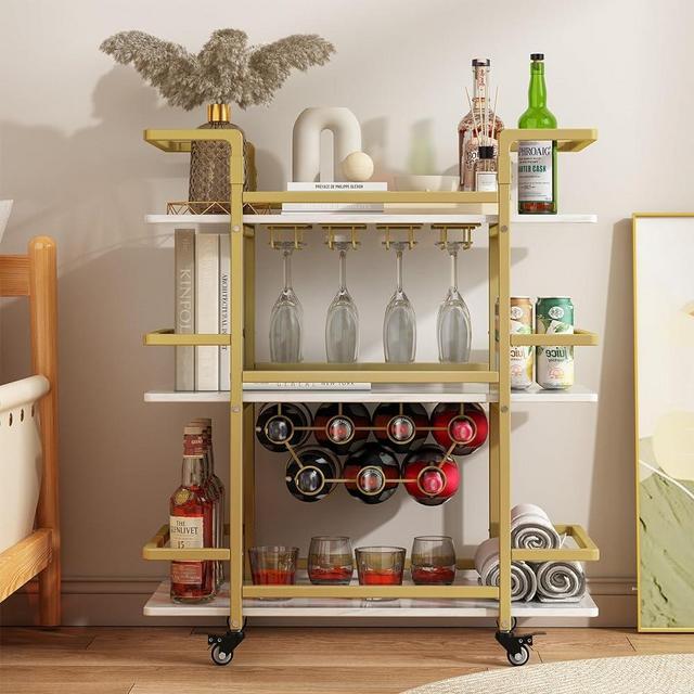 LAITIMIA Gold Bar Cart, Home Bar Serving Cart, Movable Wine Cart with Wine Rack and Glass Holder, Kitchen Serving Cart, Beverage Cocktail Cart, Mini Bar Cart for The Home, Coffee Bar Cart, Golden