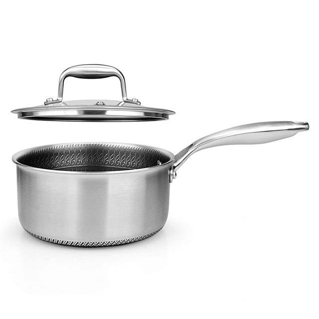 2 QT Stainless Steel Sauce Pot - Triply Kitchenware Sauce Pot with Glass Lid - DAKIN Etching Non-Stick Coating, Scratch-resistant Raised-up Honeycomb Fire Textured Pattern - NutriChef NC3PSP