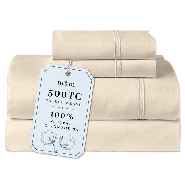 Mayil Manor 100% Natural Cotton Bed Sheets | 500 TC Single-Ply Sateen Weave King Size Sheets Set | Soft & Hypoallergenic Solid 4-Piece Bedding with Deep Pocket Fitted, Flat, Pillowcase | Cream Beige