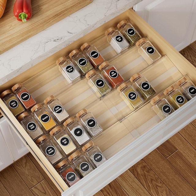 Brippo 8-Pack Spice Drawer Organizer, Expandable Acrylic Seasoning Rack (13" to 26") with Anti-Slip Mat, Kitchen Spice Rack Tray Holds up to 56 Jars (Jars Not Included)